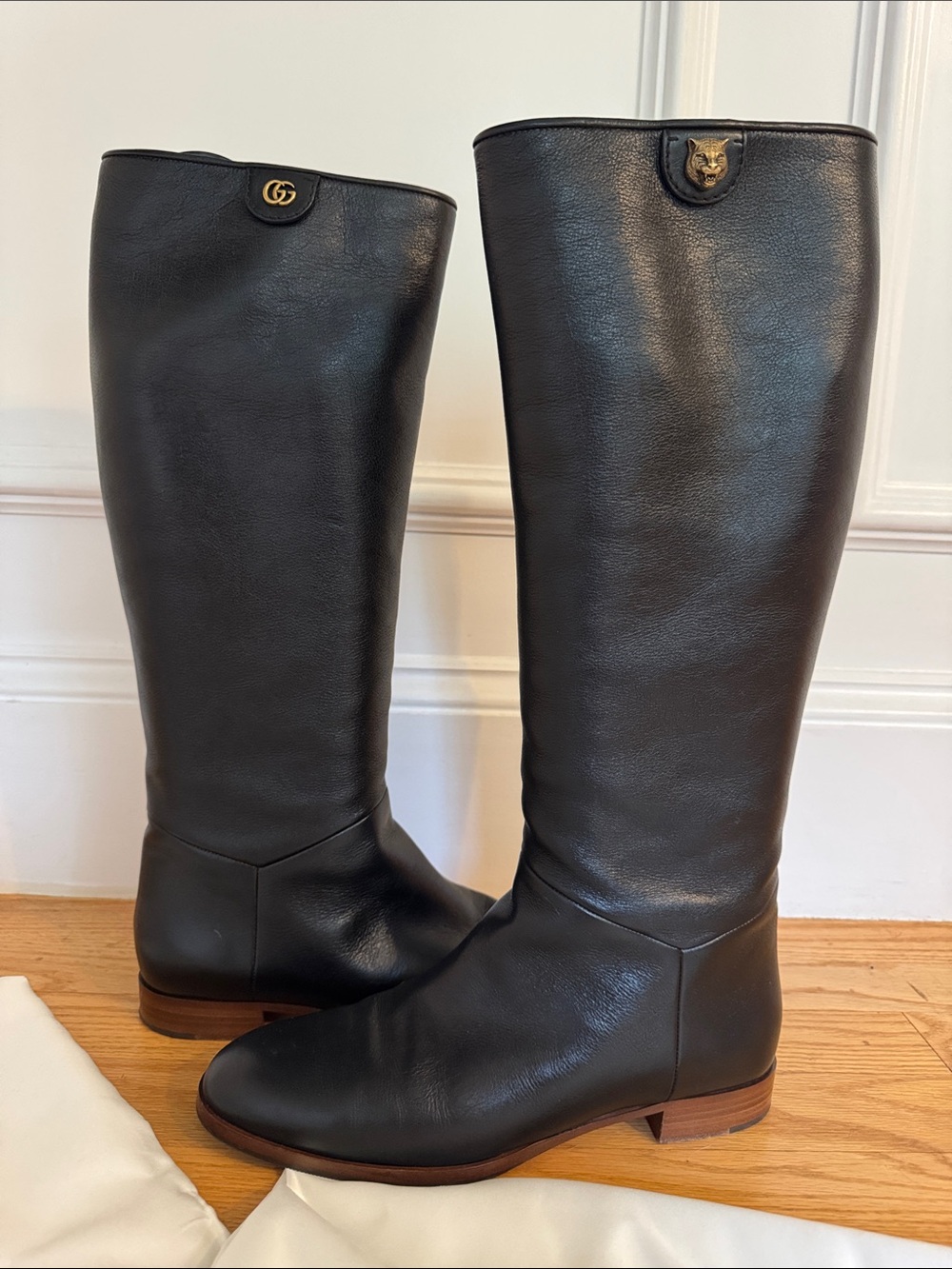 Gucci Black Leather Riding Boots with Gold Accents